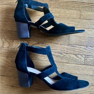 Clarks Black Suede Block Heel Sandals
